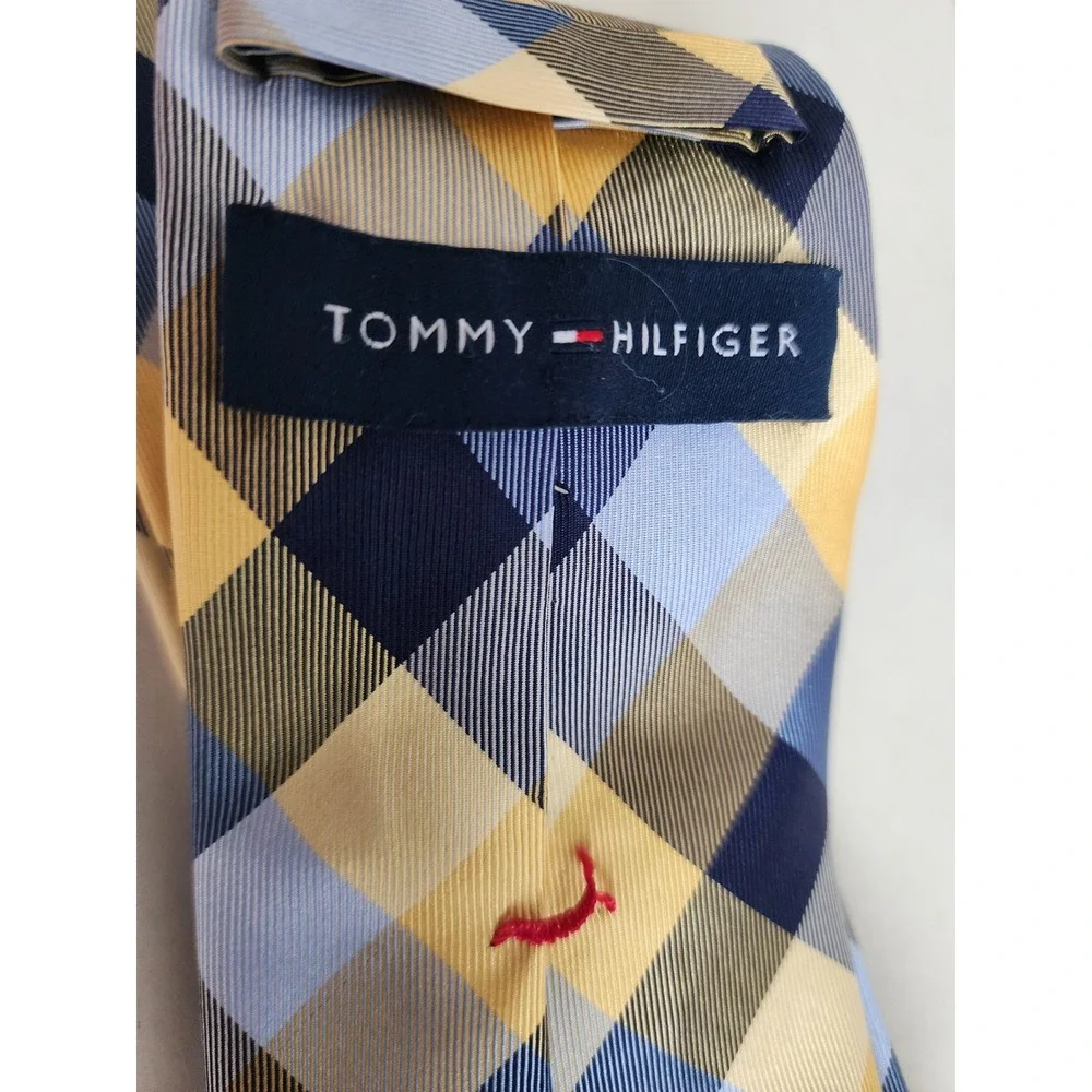 Tommy Hilfiger Mens Yellow Blue Navy Plaid 100% Silk Necktie Accessory